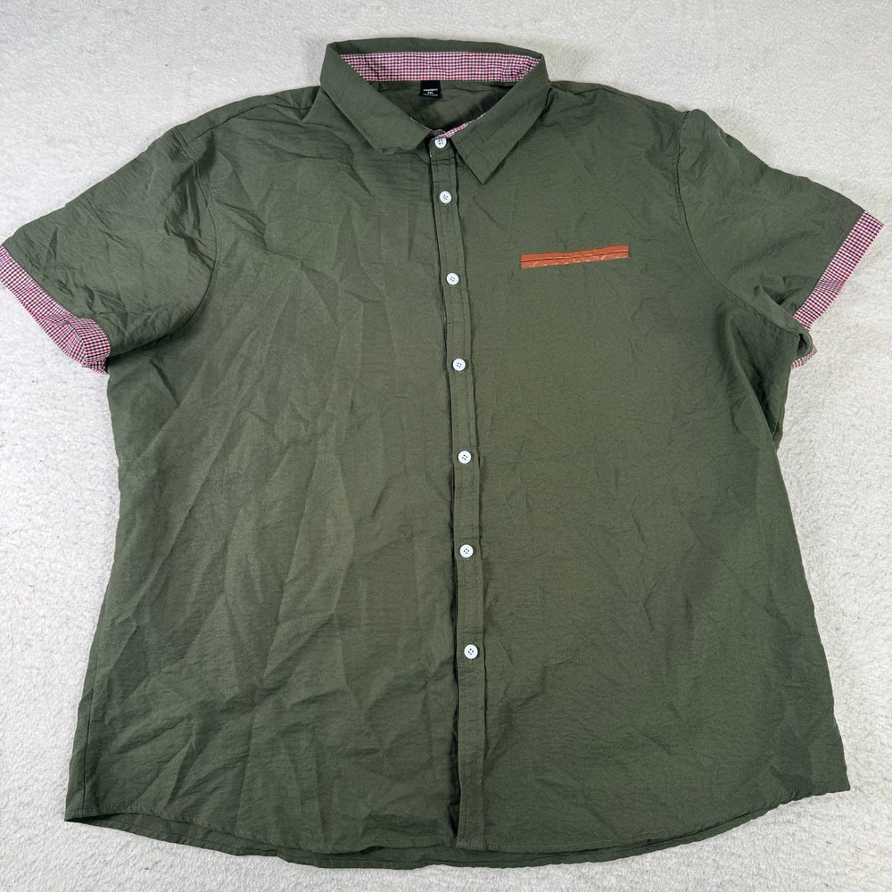 Manfinity Button Up Shirt Mens 5XL Olive Green Good Short Sleeve Gingham Trim